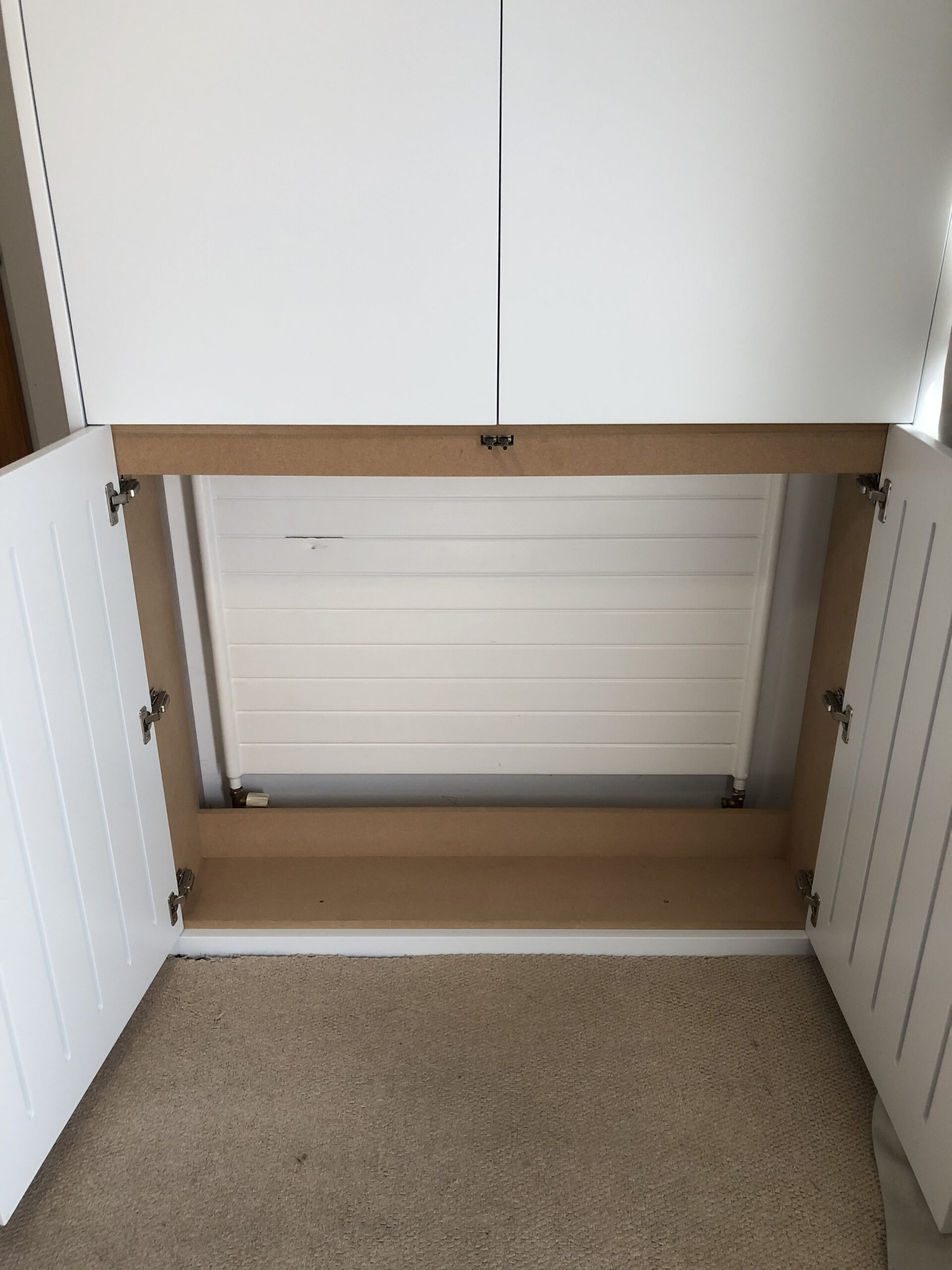 Split Box Behind Radiator Radiator cupboard with storage above - Broughton Bespoke